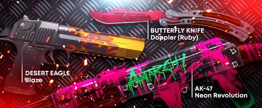 Bold CS2 (CS:GO) skins for aggressive playstyle players, featuring AK-47 | Neon Revolution, Desert Eagle | Blaze, and Butterfly Knife | Doppler Ruby. Ideal for entry-fraggers and rush-heavy strategies aiming to rank up fast.