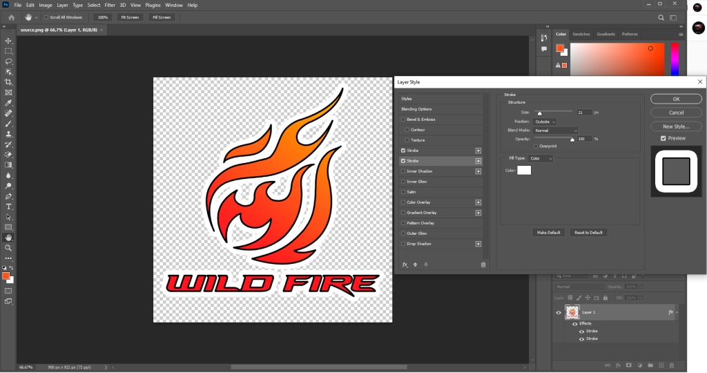 Photoshop interface showing a 'WILD FIRE' logo with layer styles applied, including double stroke effects—demonstrating design detailing and edge refinement techniques used to create CS2 (CS:GO) stickers with high visibility and clean outlines.