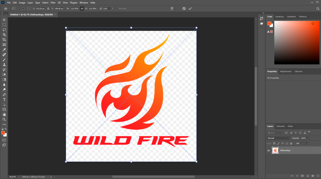 Photoshop workspace with a custom 'WILD FIRE' logo on a transparent 1024x1024 canvas—part of the design process to create CS2 stickers, featuring vibrant gradients and clean outlines for optimal in-game visibility.