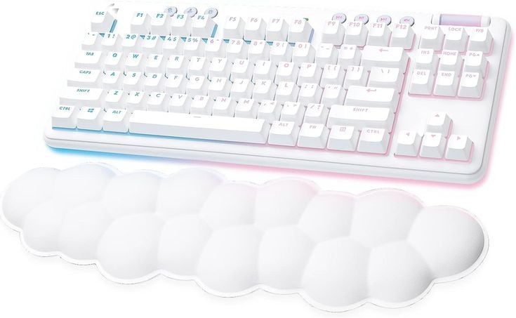 Oleksandr 's1mple' Kostyliev’s preferred Logitech G715 Wireless Mechanical Gaming Keyboard in White Mist color, shown with a matching cloud-like wrist rest—featuring customizable RGB lighting, tactile switches, and wireless performance for elite CS2 gameplay.