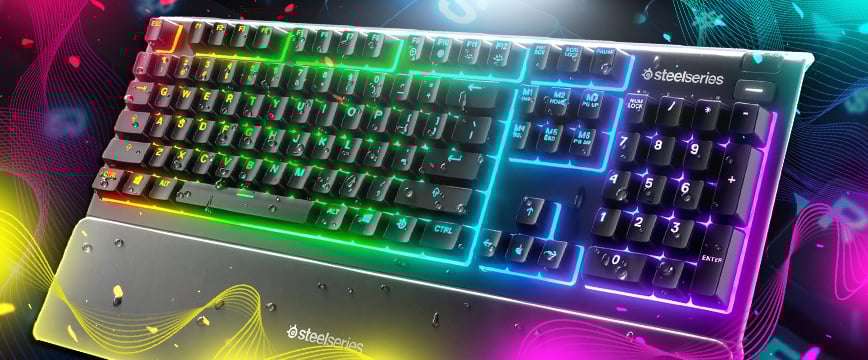 SteelSeries Apex 3 gaming keyboard with vibrant RGB lighting and water-resistant design, showcased on a colorful background—highlighted as the best mechanical keyboard for CS GO with programmable keys and whisper-quiet switches.
