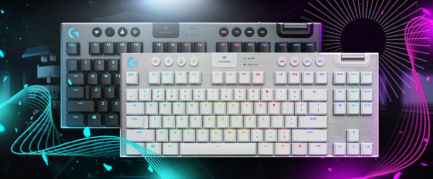 Logitech G915 TKL wireless gaming keyboards in black and white finishes with RGB lighting and low-profile mechanical switches—ideal keyboard for CS GO players seeking precision, speed, and a compact, clutter-free setup.