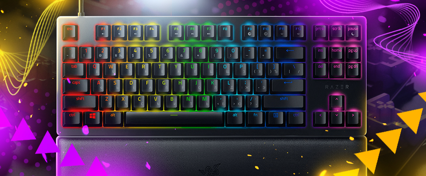 Razer Huntsman V2 TKL gaming keyboard with vibrant RGB lighting and detachable wrist rest, designed for precision and speed—widely regarded as the best keyboard for CS2 due to its optical switches and compact form factor.