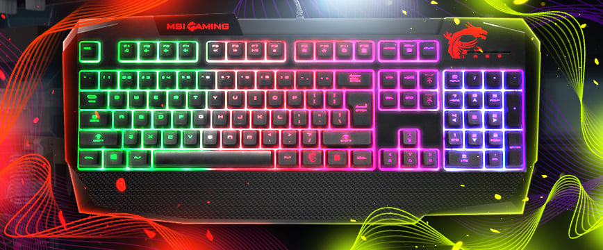 MSI Vigor GK40 gaming keyboard with vibrant RGB zones and textured wrist rest, featured as a good CS2 keyboard with tactile-like membrane switches, anti-ghosting, and dedicated media keys for immersive gaming performance.