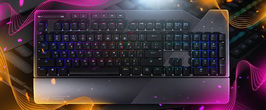 Asus ROG Strix Flare mechanical gaming keyboard with customizable RGB lighting and integrated wrist rest, displayed on a vibrant background—recognized as the best CS:GO keyboard for its fast response, dedicated media controls, and gaming-grade switches.
