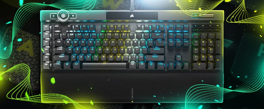 Corsair K100 RGB mechanical gaming keyboard with dynamic RGB lighting, dedicated macro keys, and volume wheel—showcased as the best gaming keyboard for CS2, combining speed, customization, and premium build quality.