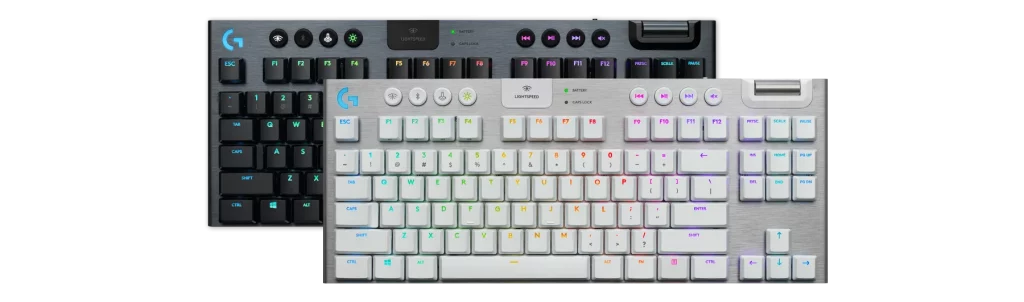 Logitech G915 TKL White wireless gaming keyboard used by Dmitry 'sh1ro' Sokolov, featuring low-profile mechanical switches, RGB backlighting, and a sleek tenkeyless aluminum frame—ideal for competitive CS2 gameplay.