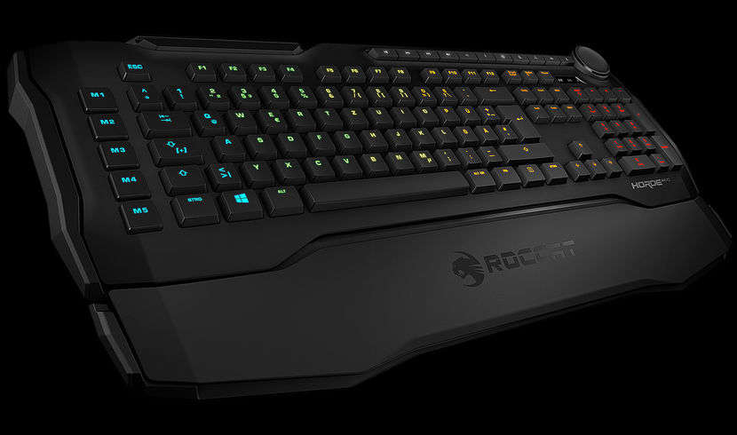 ROCCAT Horde AIMO membranical gaming keyboard with customizable RGB lighting, dedicated macro keys, and a tuning wheel—designed as a high-performance membranical gaming keyboard for CS2 players seeking a balance of tactile feedback and quiet operation.