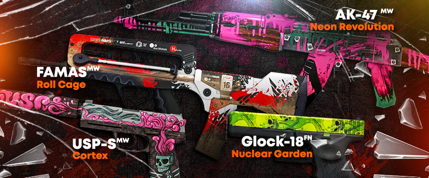 AK-47 Neon Revolution (MW) Glock-18 Nuclear Garden (FN) FAMAS Roll Cage (MW) USP-S Cortex (MW)