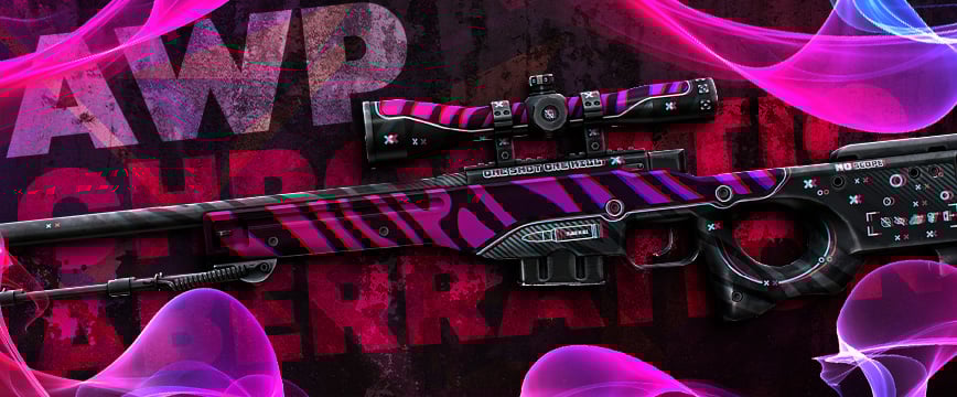 AWP | Chromatic Aberration – a vibrant CS2 (CS:GO) pink skin with electric pink and purple stripes, cyberpunk accents, and neon highlights, showcased with swirling pink smoke effects.