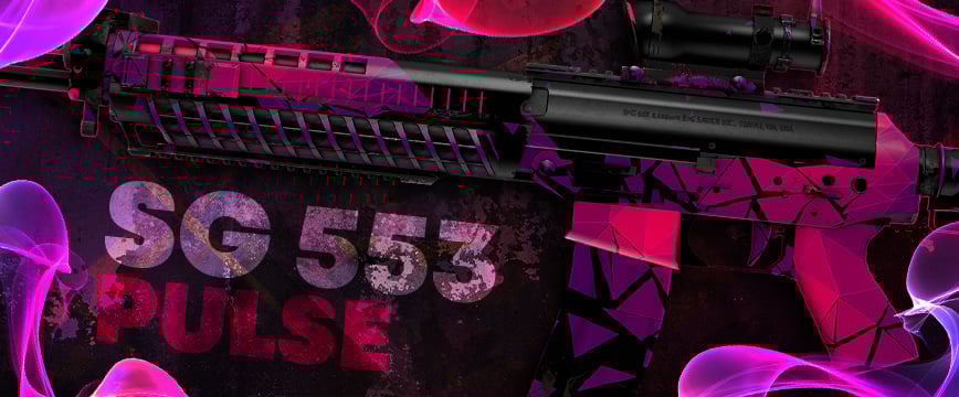 SG 553 | Pulse skin in CS2 with a striking pink and black geometric design, featuring sharp triangle patterns and a glossy finish, one of the best pink CS:GO skins for rifles.