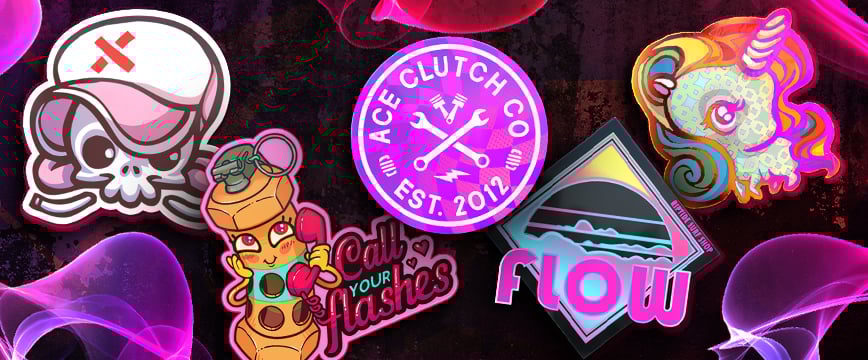 Colorful pink-themed CS2 (CS:GO) stickers including a skull with a cap, a hamster in a shell suit labeled “Call your flashes,” a bright unicorn, a neon retro “Flow” design, and a round “Ace Clutch Co.” sticker with crossed tools and lightning bolts.