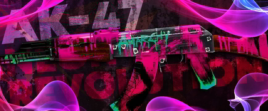 AK-47 | Neon Revolution – a vivid pink-themed CS2 (CS:GO) skin with graffiti-style green and black accents, showcased against a neon background, popular among pink AK skins in CS2.