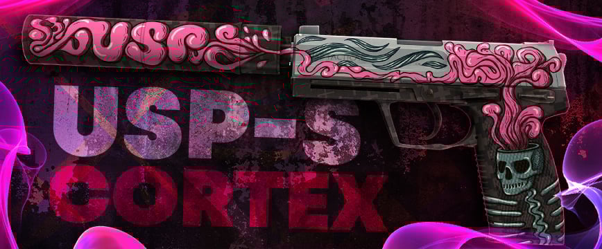 USP-S | Cortex – a CS:GO skin with a detailed design of a skull emitting pink brain-like smoke, known as one of the cheapest pink skins in CS2 (CS:GO).