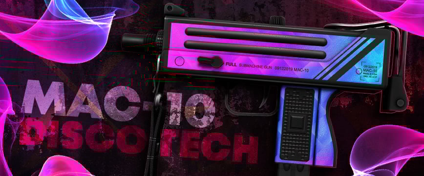 MAC-10 | Disco Tech – a vibrant CS2 skin with glowing pink, purple, and blue hues, perfect for fans of the best pink CS:GO skins.