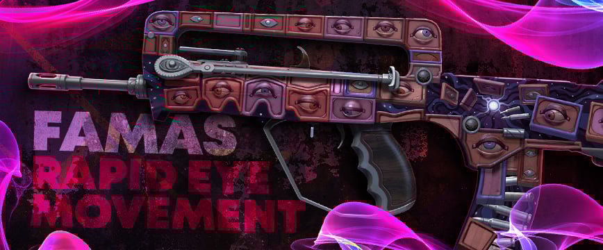 FAMAS | Rapid Eye Movement skin in CS2, featuring a unique design with multiple stylized eyes in shades of pink, purple, and red, part of the best pink CS:GO skins collection.