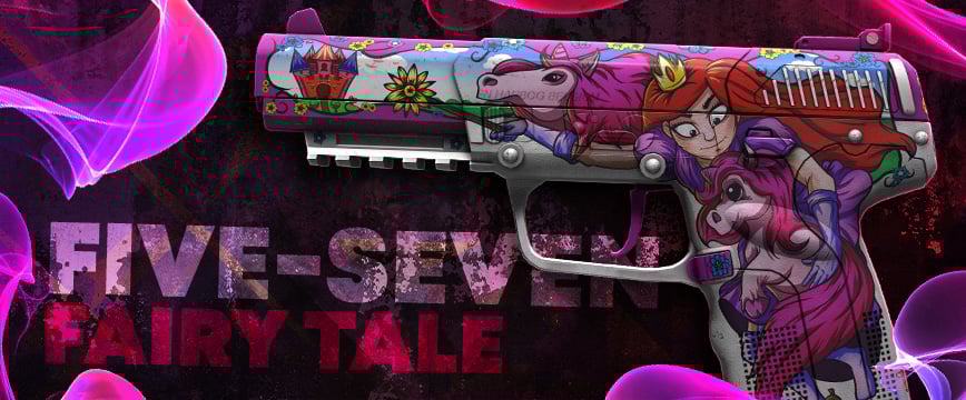 Five-SeveN | Fairy Tale skin in CS2, featuring a colorful fantasy-themed design with a princess, unicorns, and a castle in vibrant pink and purple tones, part of the best pink CS:GO skins.