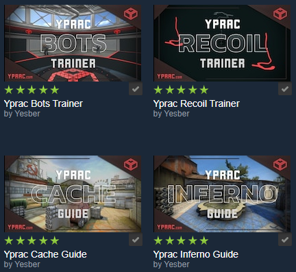 Vorschau auf die besten CS2 (CS:GO) Workshop-Karten einschließlich Yprac Bots Trainer, Recoil Trainer, Cache Guide und Inferno Guide von Yesber.