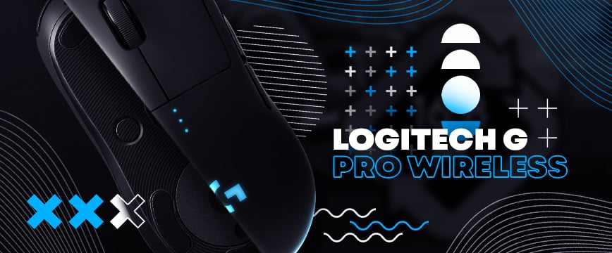 Logitech G Pro Wireless gaming mouse with sleek black design and blue lighting, featured on a modern abstract background with bold text — widely recognized as the best mouse for CS:GO.
