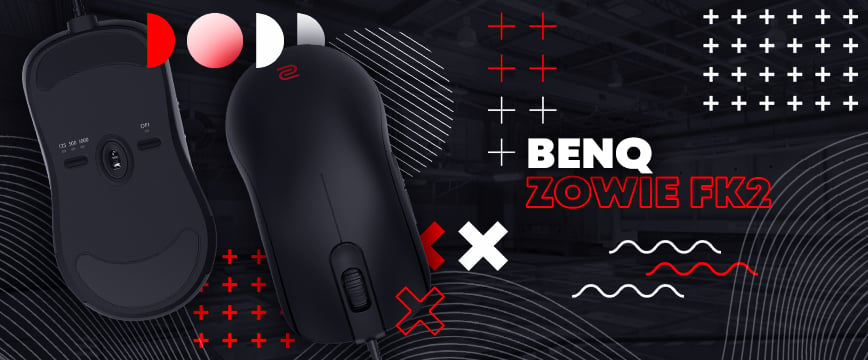BenQ Zowie FK2 gaming mouse shown from top and underside views, a popular csgo pro gaming mouse known for its low-profile ambidextrous design, precision sensor, and plug-and-play compatibility for competitive play.