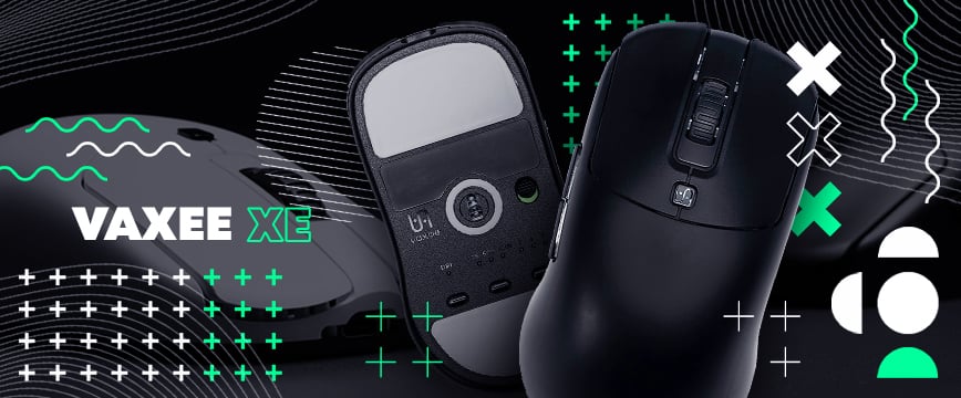 VAXEE XE mouse displayed from various angles, featuring a symmetrical ergonomic design and advanced sensor performance, widely praised as one of the best gaming mouse for CS2 by competitive players.