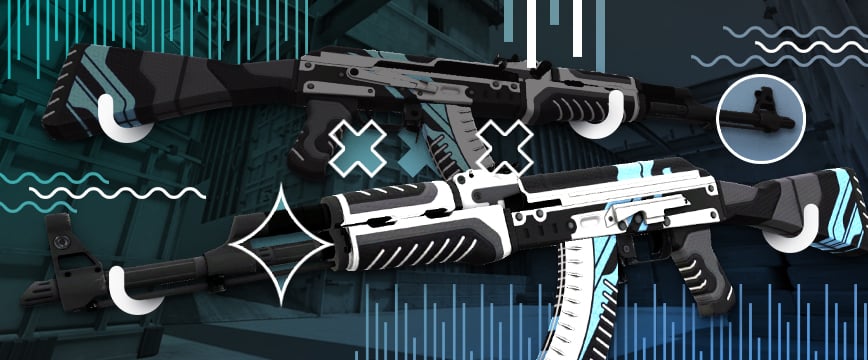 AK-47 | Vulcan, one of the most popular blue AK-47 skins in CSGO, featuring a futuristic black, white, and blue design with angular patterns, displayed in a stylized dual side view