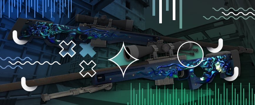AWP | Medusa, one of the most iconic blue AWP skins in CSGO, featuring a mythological Gorgon design with glowing blue-green accents and dark oceanic tones, displayed in a dual side view.