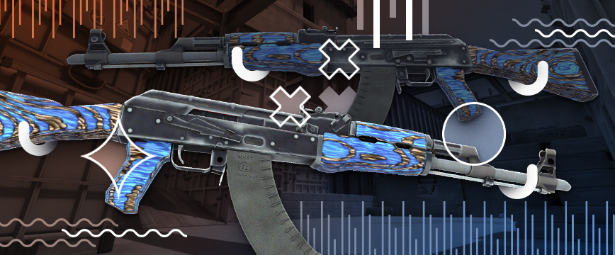 AK-47 | Blue Laminate, a popular blue AK-47 skin in CSGO, featuring a sleek wooden pattern with blue laminate accents, displayed in side view with stylized graphic elements