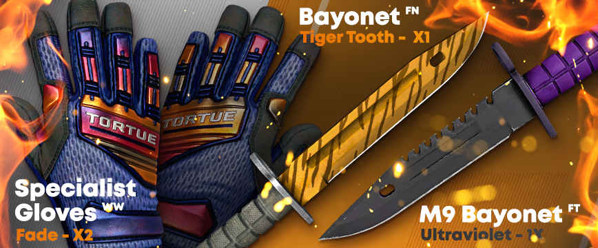 Bayonet Tiger Tooth (FN) M9 Bayonet Ultraviolet (FT) Specialist Gloves Fade (WW)