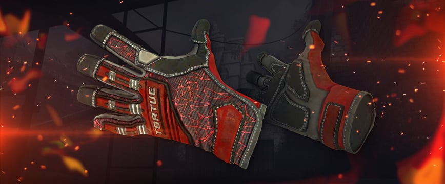 Specialist Gloves | Crimson Web - CS:GO Handschuhe mit rotem Spinnennetz-Design auf dunkelgrauem Stoff und Gummieinsätzen, veröffentlicht im Clutch Case