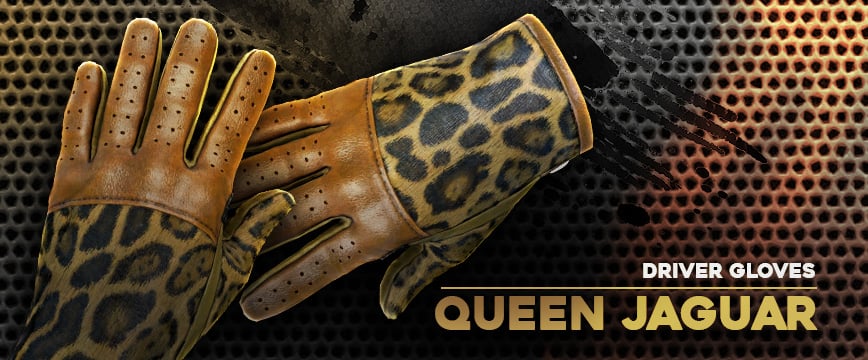 Driver Gloves | Queen Jaguar with lavish brown leather, jaguar skin inserts, and yellow leather base for a blend of luxury and wild elegance. Part of the Operation Broken Fang Case, December 2020.