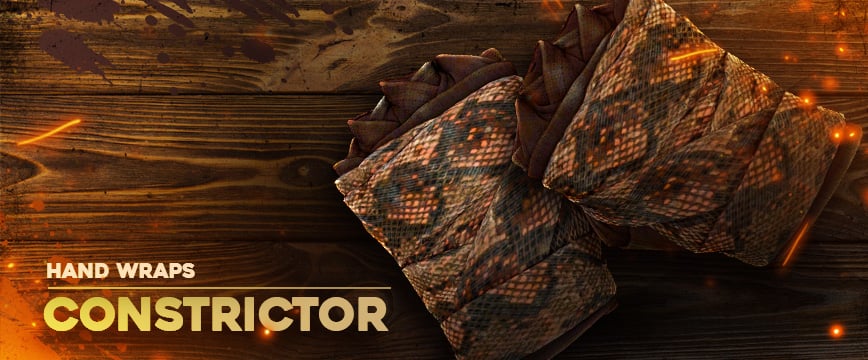 Hand Wraps | Constrictor showcasing brown fabric and a python-patterned canvas tape, blending comfort with animalistic design. Released in the Operation Broken Fang Case, December 2020.