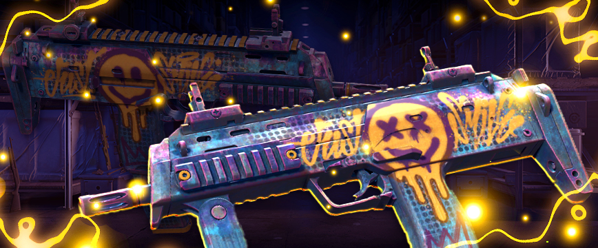 MP7 | Just Smile – cheerful skin from Kilowatt Case with blue-purple base and 'Just Smile' spray-painted in yellow.