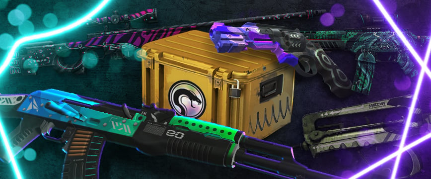 Vitrine des skins CS:GO Recoil Case vibrants, présentant une mallette d'armes dorée entourée de fusils et de pistolets colorés avec des reflets néon.