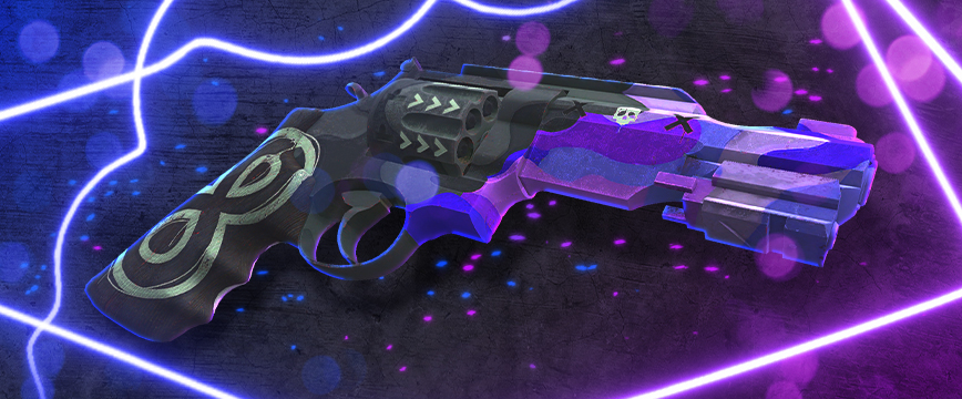 R8 Revolver | Crazy 8 avec un design audacieux noir et violet, le symbole de l'infini sur la poignée et des accents vibrants de style galaxie sous un éclairage néon.
