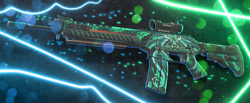 SG 553 | Skin Dragon Tech présentant un design futuriste sur le thème du dragon avec des motifs vert et sarcelle lumineux, sur un fond sombre avec des touches de néon électrique.