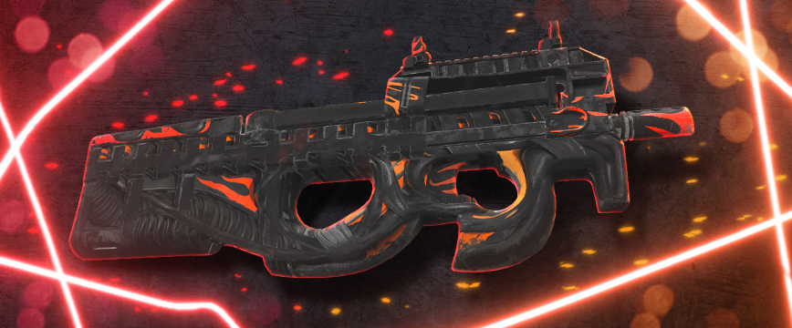 P90 | Vent Rush skin présente un design industriel sombre avec des accents orange vif et des motifs abstraits, soulignés par des effets de lumière néon rouge.
