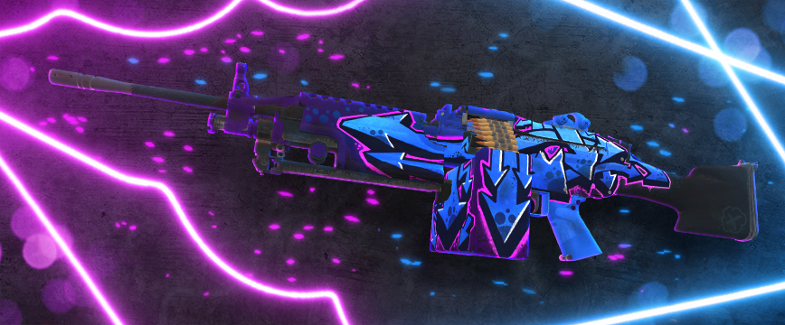 M249 | La peau de Downtown est ornée de flèches et de motifs bleus, violets et noirs de style graffiti, illuminés par des traînées lumineuses rose néon et bleues.