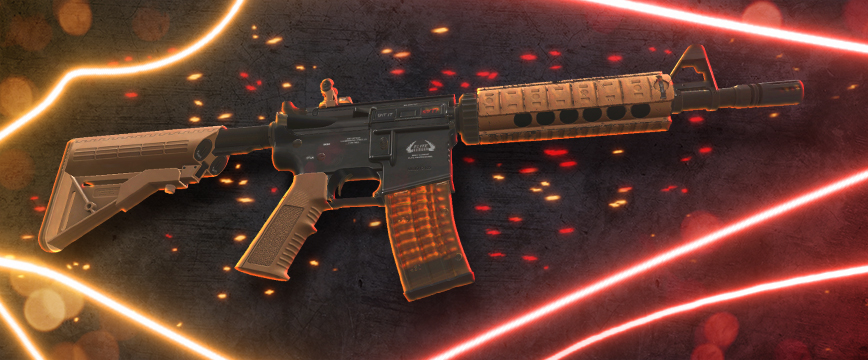 M4A4 | Poly Mag skin présentant un design militaire réaliste fauve et noir avec un chargeur orange translucide, présenté avec des effets de lumière rouge et ambre.
