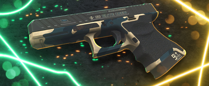 Glock-18 | Peau hivernisée présentant un design élégant en camouflage arctique noir et beige avec la gravure "Elite Crew", mise en valeur par un éclairage néon vert et jaune.