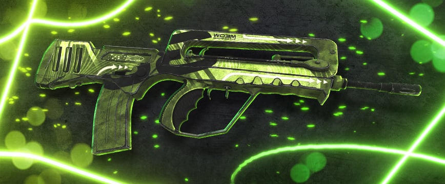 FAMAS | Meow 36 est une peau au design épuré vert et noir, avec de subtiles empreintes de pattes et de griffes, sur un fond vert fluo.