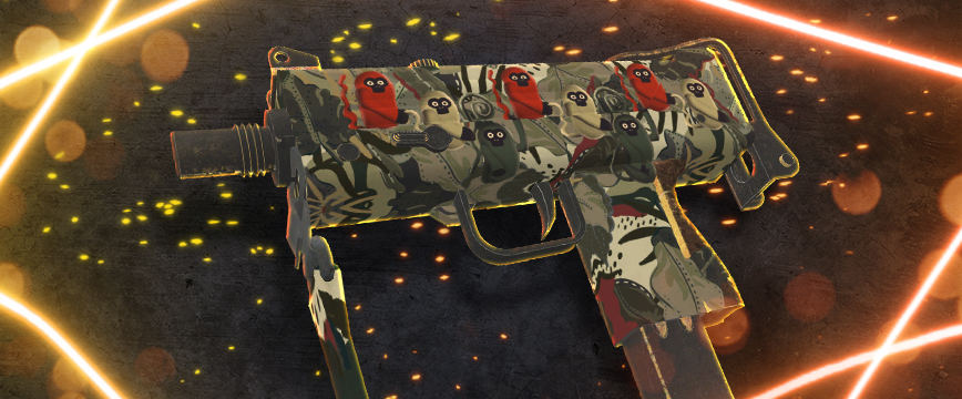 MAC-10 | Peau Monkeyflage avec un motif camouflage ludique représentant des singes de dessin animé rouges et noirs, sur un fond d'inspiration jungle avec des stries néon d'un orange éclatant.