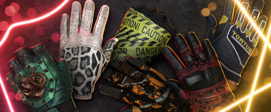 Une gamme vibrante de gants Recoil Case Gloves de CS:GO, avec des motifs uniques comme l'imprimé léopard, la bande de danger, l'armure tactique et des textures exotiques, présentés sous un éclairage au néon.