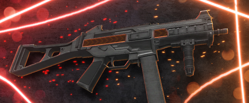 Le skin UMP-45 Roadblock est doté d'une finition noire tactique et de bandes de danger orange audacieuses, affichées avec des effets de lumière rouge et orange sur une toile de fond granuleuse.