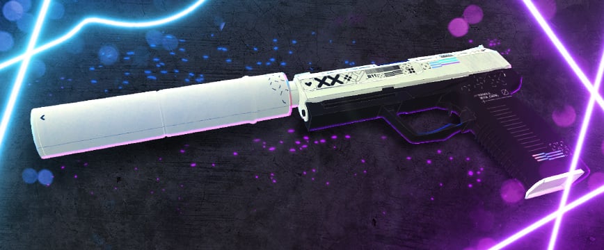 USP-S | Printstream skin from the CS:GO Recoil Case, présenté avec un design épuré blanc et noir sous des effets de lumière néon violets et bleus.