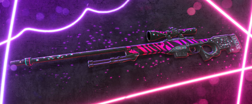 AWP | Chromatic Aberration skin from the Recoil Case in CS2, avec des accents rose néon et violets sur un fusil de sniper noir avec des motifs inspirés des glitchs.