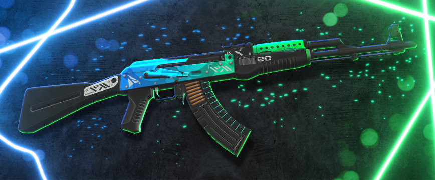 AK-47 | Ice Coaled skin présentant un design bleu et vert givré avec des touches de néon, sur un fond sombre et futuriste.