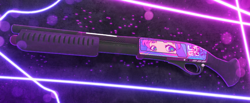 Sawed-Off | Kiss♥Love skin de la collection de skins CS:GO Recoil Case, présentant un design animé vibrant avec des accents lumineux violets et roses.