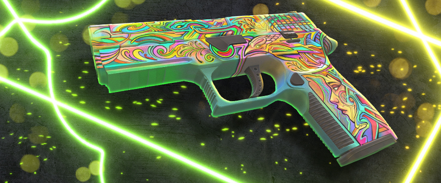 P250 | Le skin Visions présente un motif psychédélique vibrant dans des couleurs néon, avec des traînées lumineuses vertes sur un fond texturé sombre.