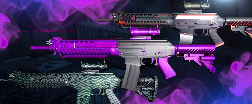 Three of the best SG 553 skins in CS2, featuring the SG 553 Ultraviolet with a sleek purple and black design, SG 553 Cyrex with a high-tech black, red, and white color scheme, and SG 553 Barricade with rugged, industrial textures. These skins offer a mix of modern aesthetics and functionality, making them popular choices among players.